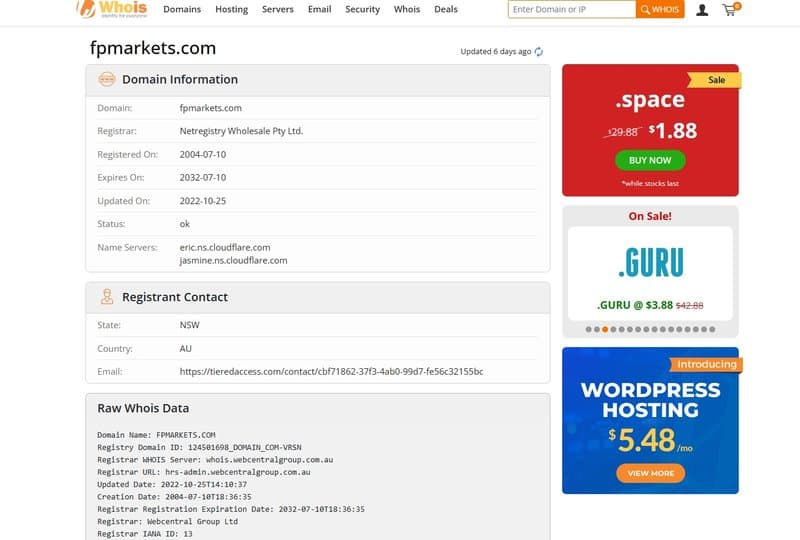 FP Markets在whois域名注册时间