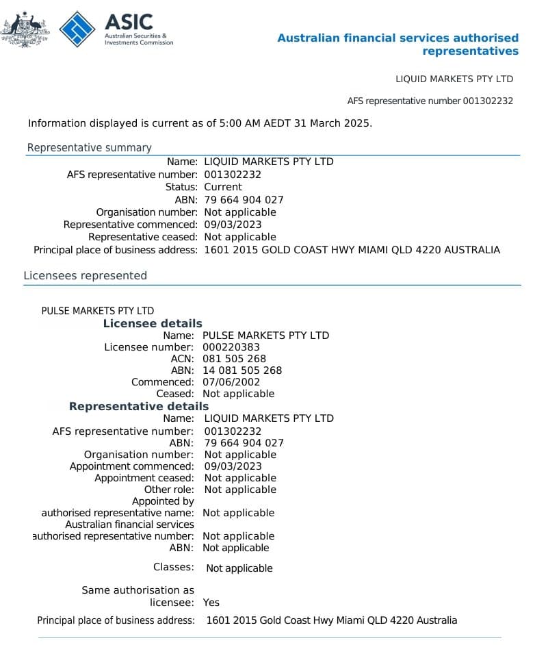 LiquidBrokers 持有的是ASIC 的 AR（授权代表）牌照