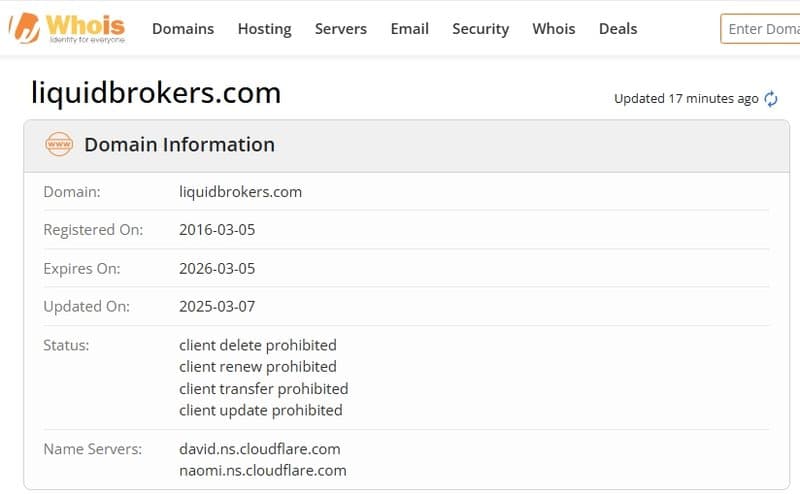 LiquidBrokers的官方网站（liquidbrokers.com）于2016年3月5日注册