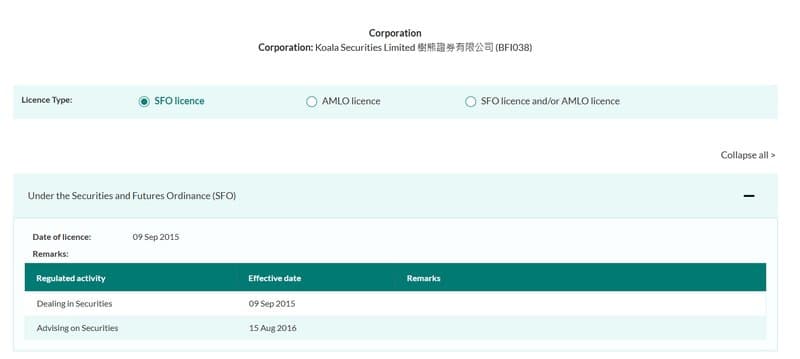 唯一与SFC相关的只有其“合作伙伴”Koala Securities Limited（香港上市编号：8226）