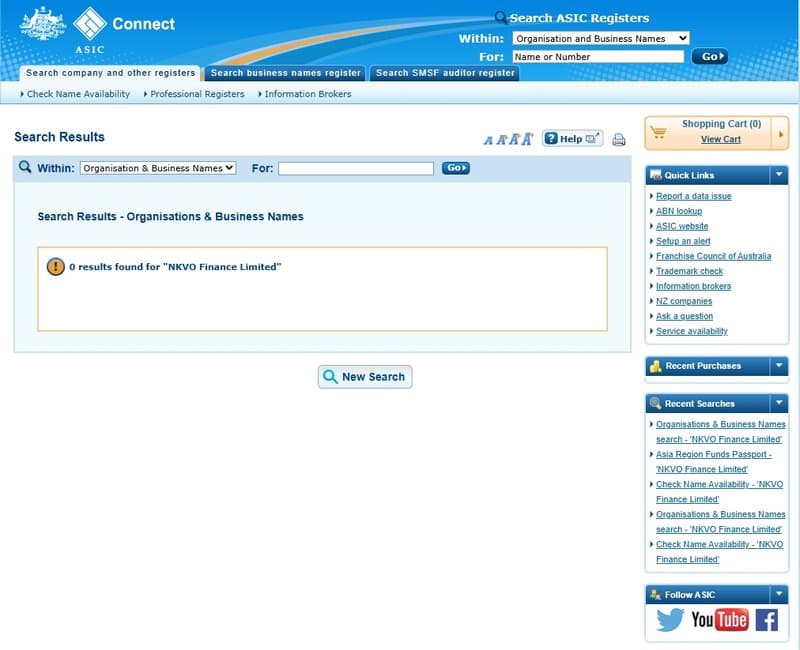 无法在ASIC官网上找到任何关于NKVO的注册信息
