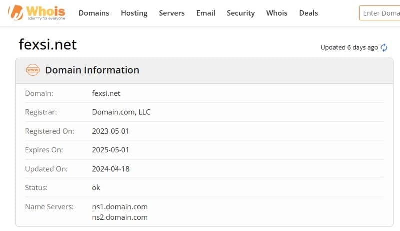 Fexsi官网域名的注册时间为2023年5月1日