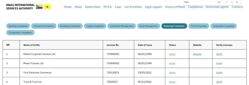根据我们在姆瓦利国际服务局(科摩罗联盟)网站上的查询,并没有找到任何名为Fexsi的注册企业