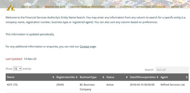 KOT4X在圣文森特和格林纳丁斯金融服务管理局(SVGFSA)的注册信息