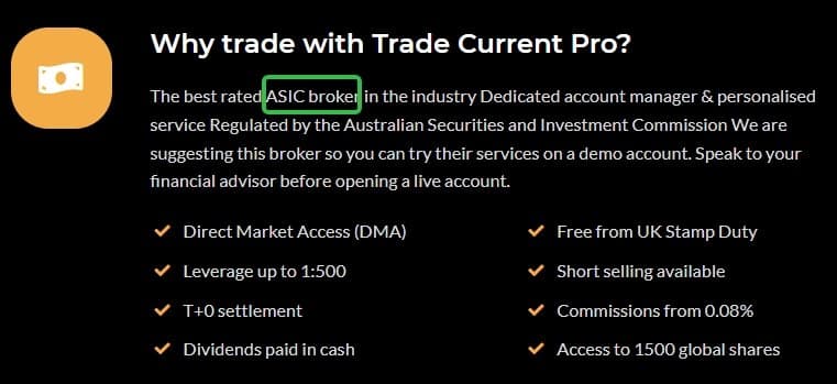 Trade Current Pro声称自己受到了澳大利亚证券和投资委员会(ASIC)的监管