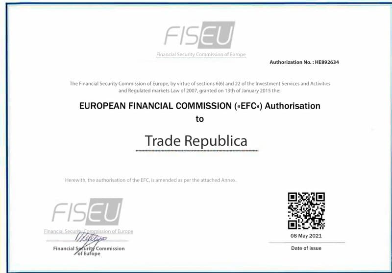 Trade Republica贴出了一张European Financial Security监管执照