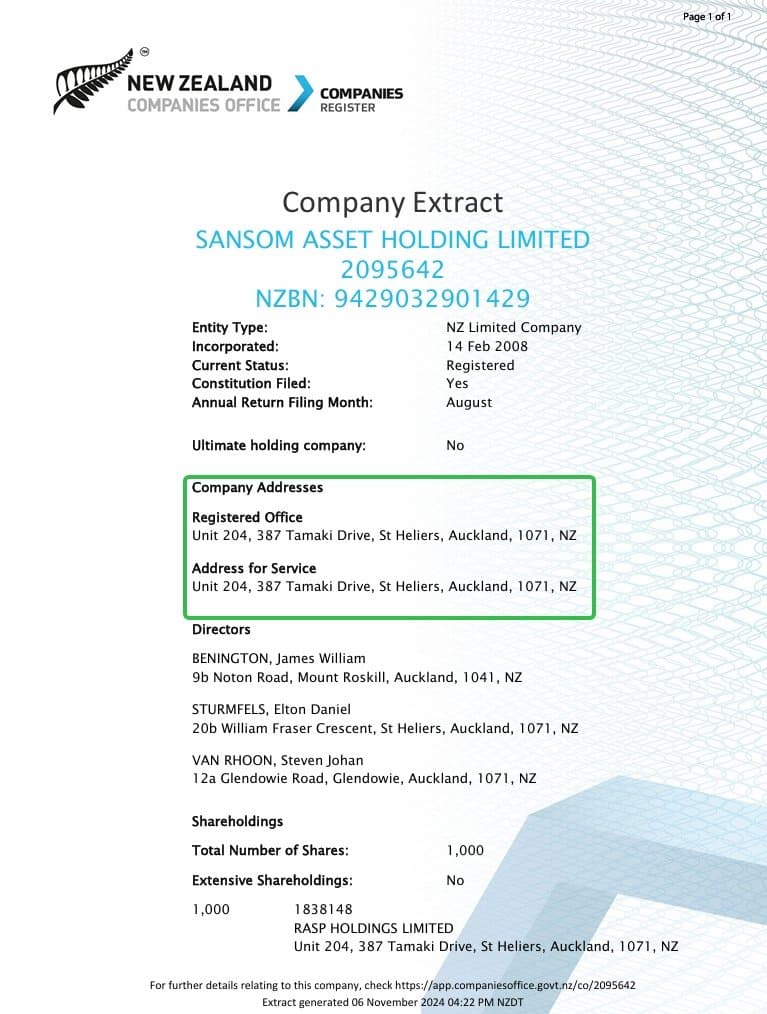 新西兰公司注册处能够查到名叫SANSOM ASSET HOLDING LIMITED的公司注册信息
