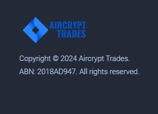 Aircrypt Trades的官网页脚展示了一个来自澳大利亚工商局（ABN: 2018AD947）的号码
