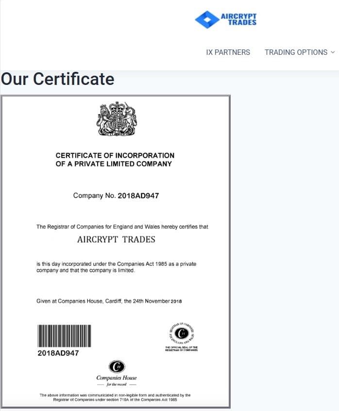 Aircrypt Trades官网上展示的英国工商局注册证书