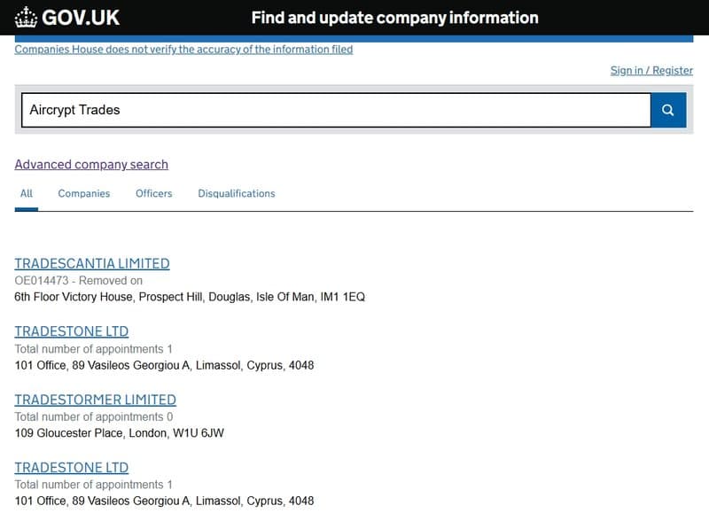 在英国工商局根本找不到任何叫“Aircrypt Trades”的公司