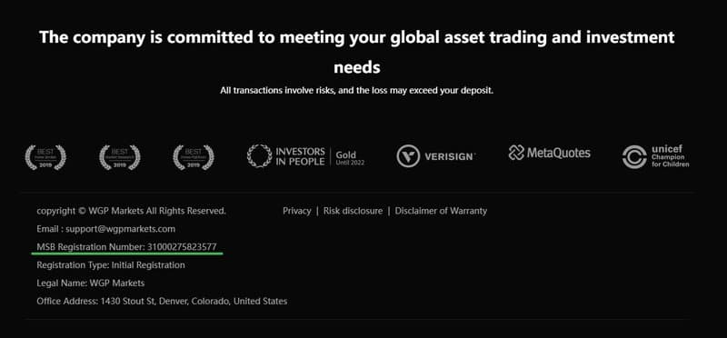 WGP Markets在官网页脚的MSB注册号码