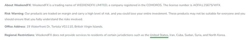 WeekendFX 的官网声明表示他们并不在美国提供服务