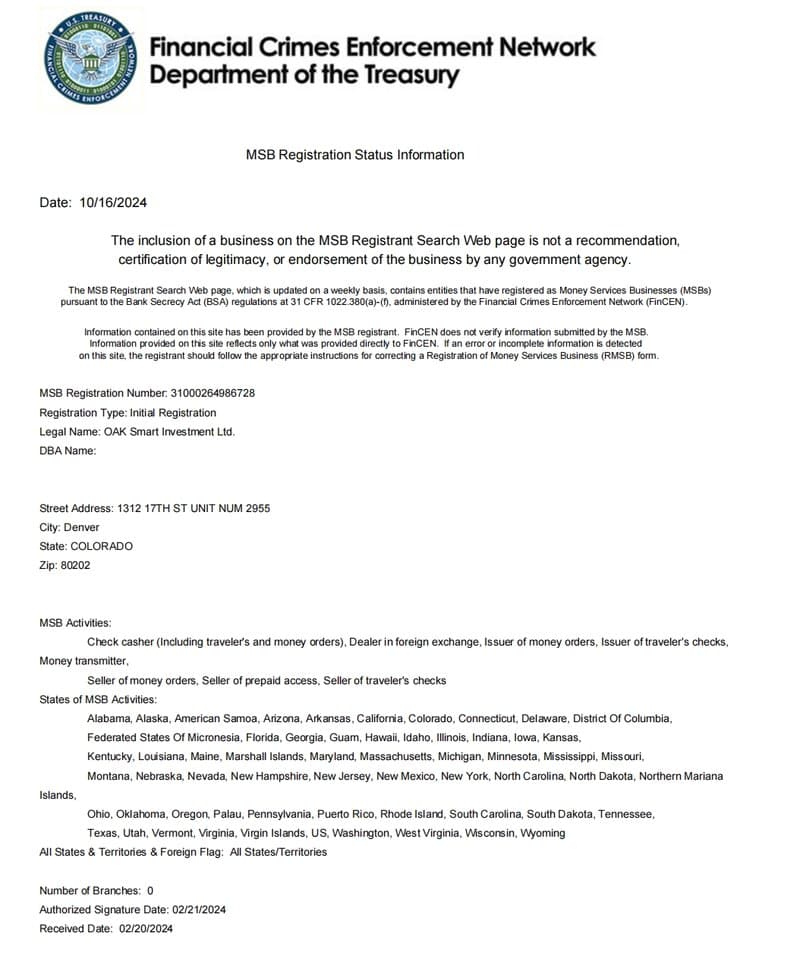 OAK SMART FINCEN MSB