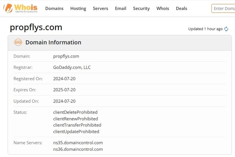 Propflys的官网在whois上显示的注册信息