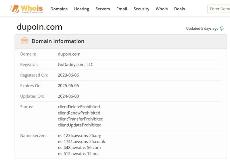 Dupoin的官网在whois上的注册信息
