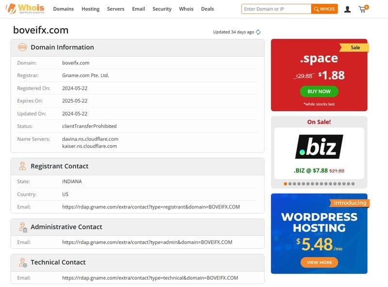 Bovei Financial Limited官网在whois上显示的注册信息