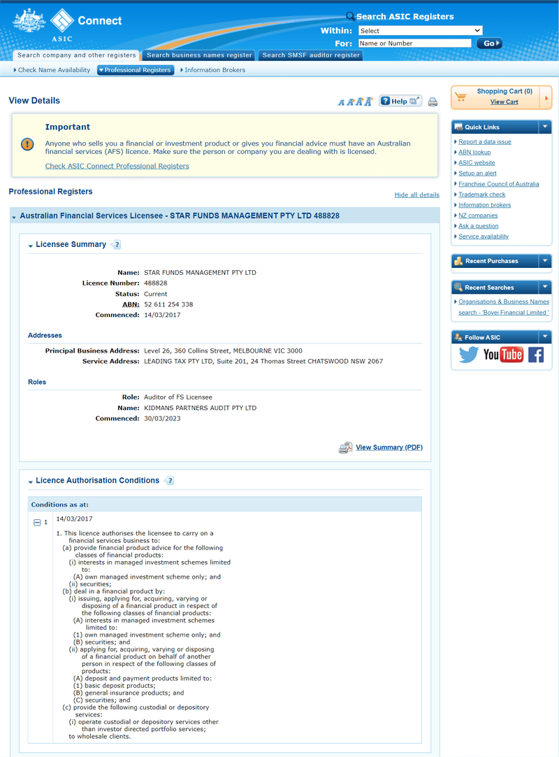 STAR FUNDS MANAGEMENT PTY LTD的牌照内容