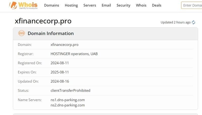 X-Finance Corp 的域名在whois上的显示信息