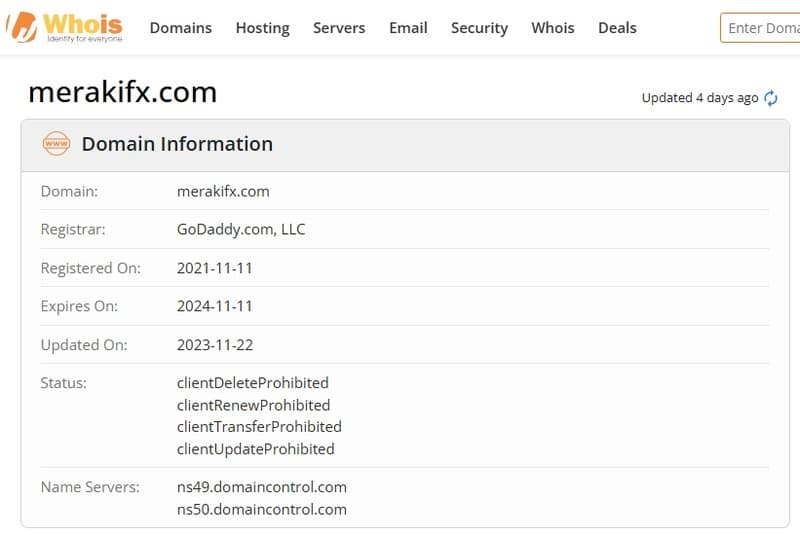 Merakifx的官网域名在whois上显示的注册信息