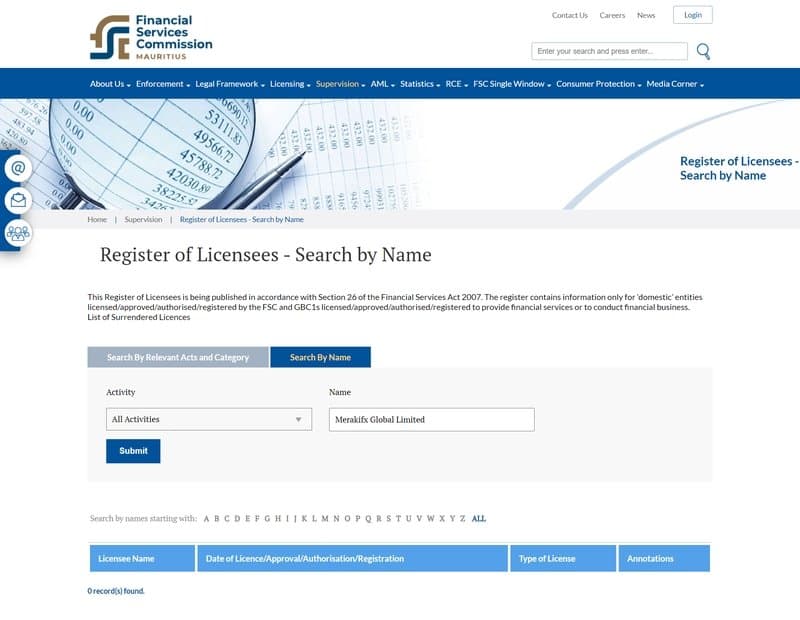 毛里求斯金融服务委员会(FSC)没有查询到Merakifx的注册信息