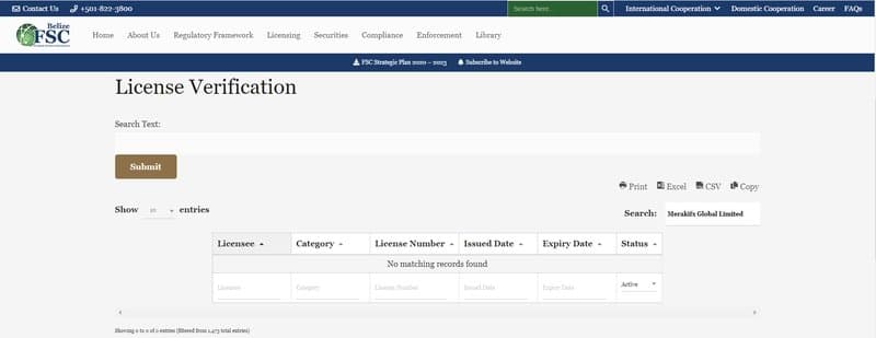 伯利兹金融服务委员会(FSC)并未查询到Merakifx的注册信息