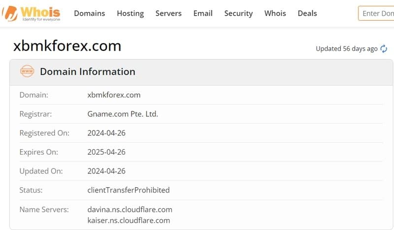 XBmkforex.com在whois上的网站注册信息