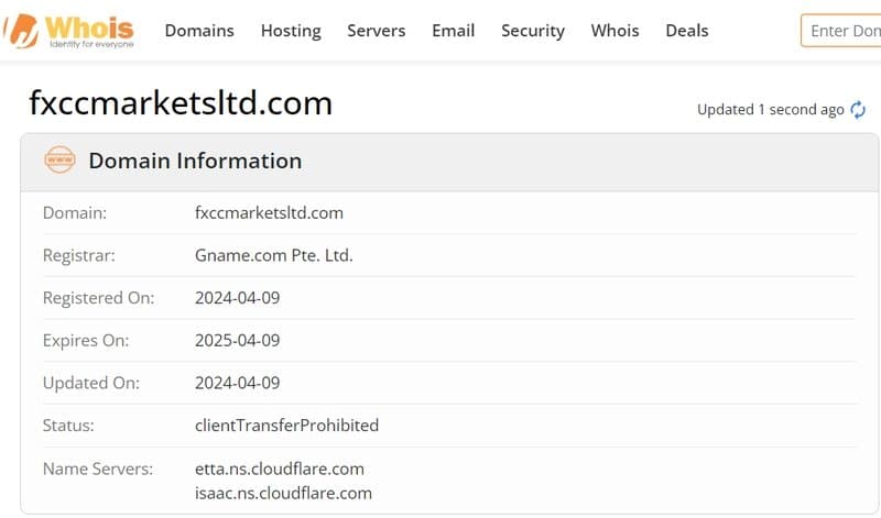 FXCC Markets Ltd 的网站于2024年4月9日注册