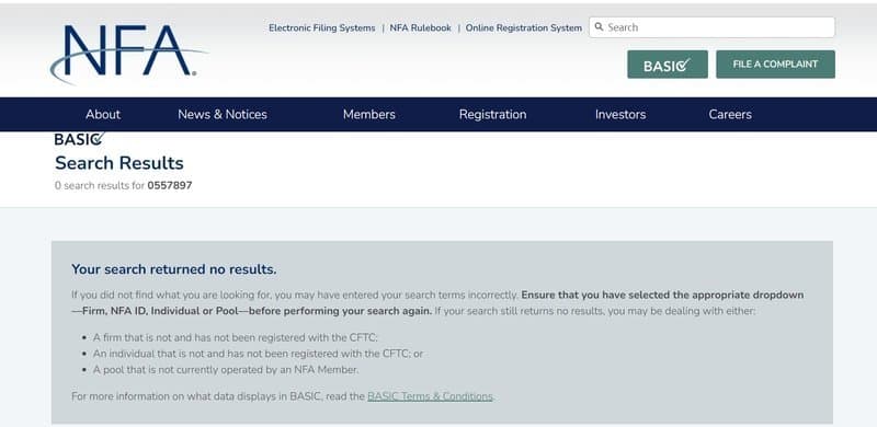 GTX EXCHANGE并未在NFA注册