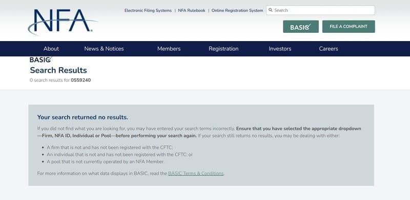 在NFA网站中没有查询到WIN HG的注册信息