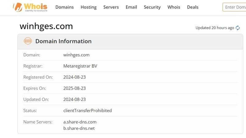 WIN HG官网注册时间在whois上显示的信息