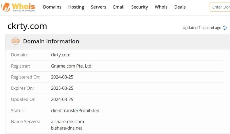 CKRTY在whois上显示的网站注册信息