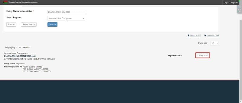属于DLS MARKETS的VFSC牌照