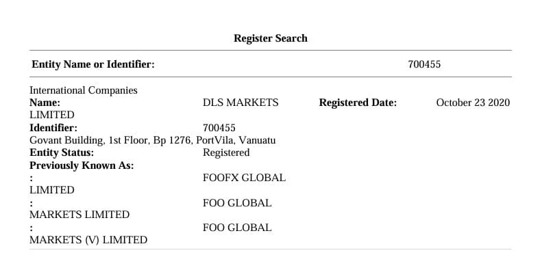VFSC 网站显示牌照号 700455 注册于 DLS MARKETS LIMITED