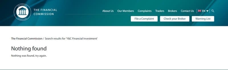 金融委员会（The Financial Commission）也没有 Y&C Financial Investment 的注册记录
