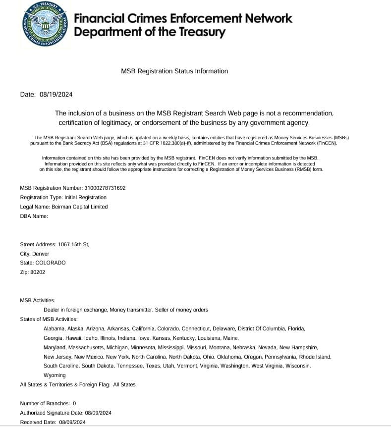 Beirmancapital持有的MSB牌照