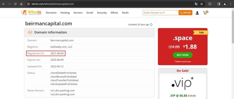 Beirmancapital官网在whois上查询到的注册信息