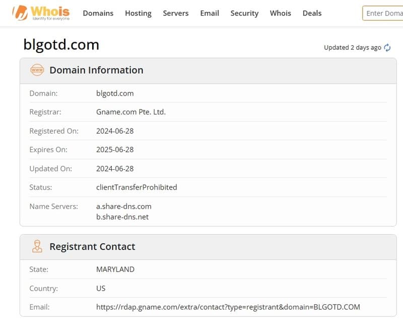 BLGOTD在whois上显示的注册信息