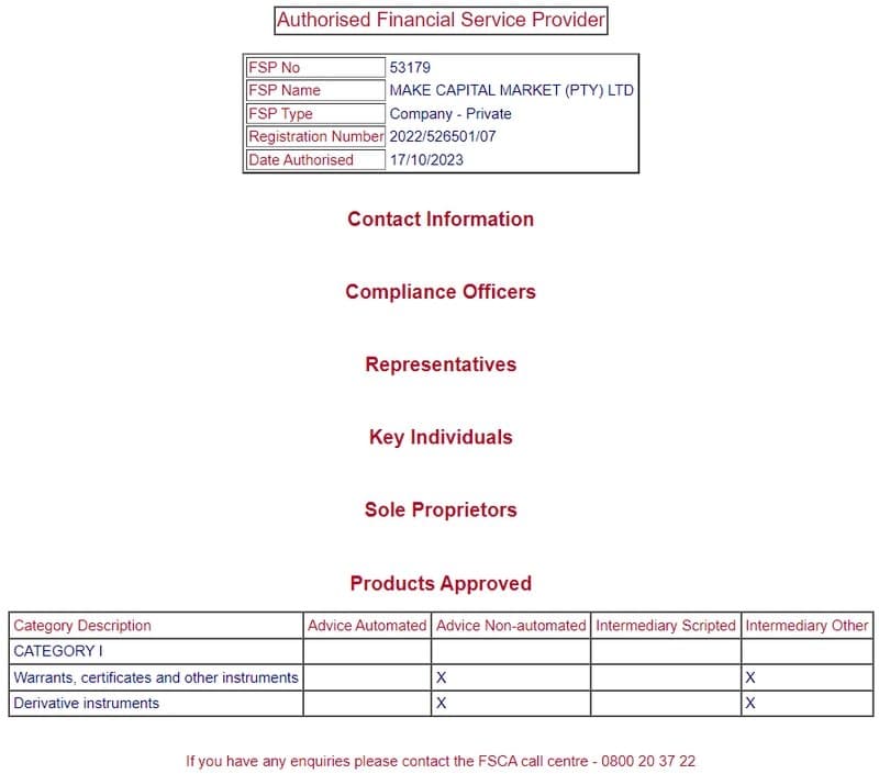 Make Capital在FSCA上的监管信息