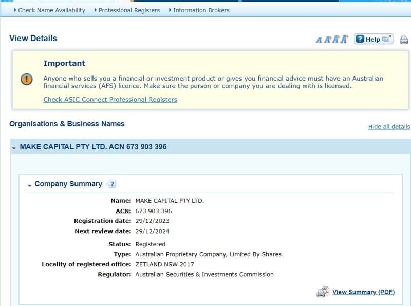 Make Capital在ASIC上的监管信息