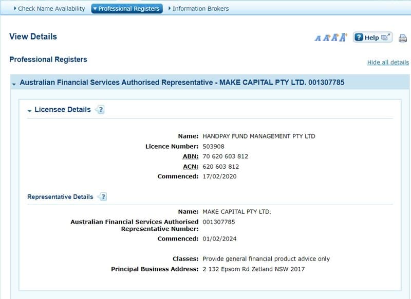 Make Capital在ASIC上的监管信息