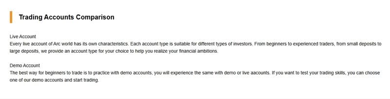 Account Types of Arc World Global Ltd