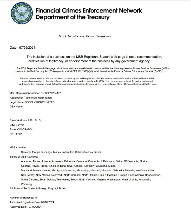 SFOCL在FinCEN上的MSB牌照