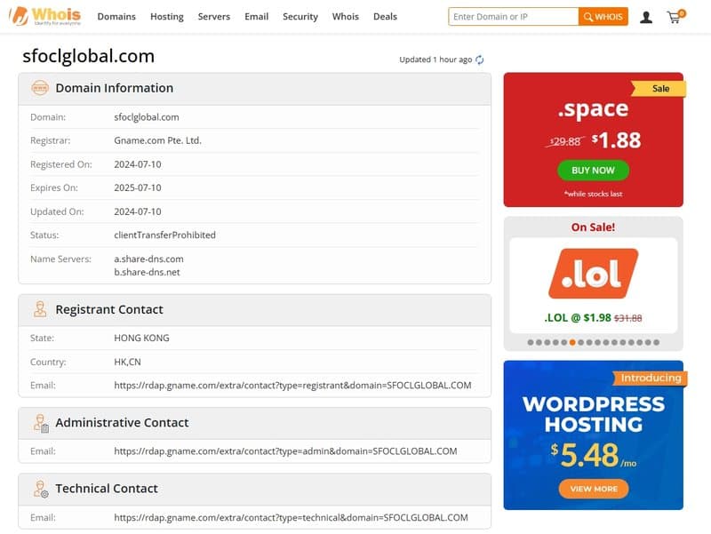 SFOCL在whois上的注册时间