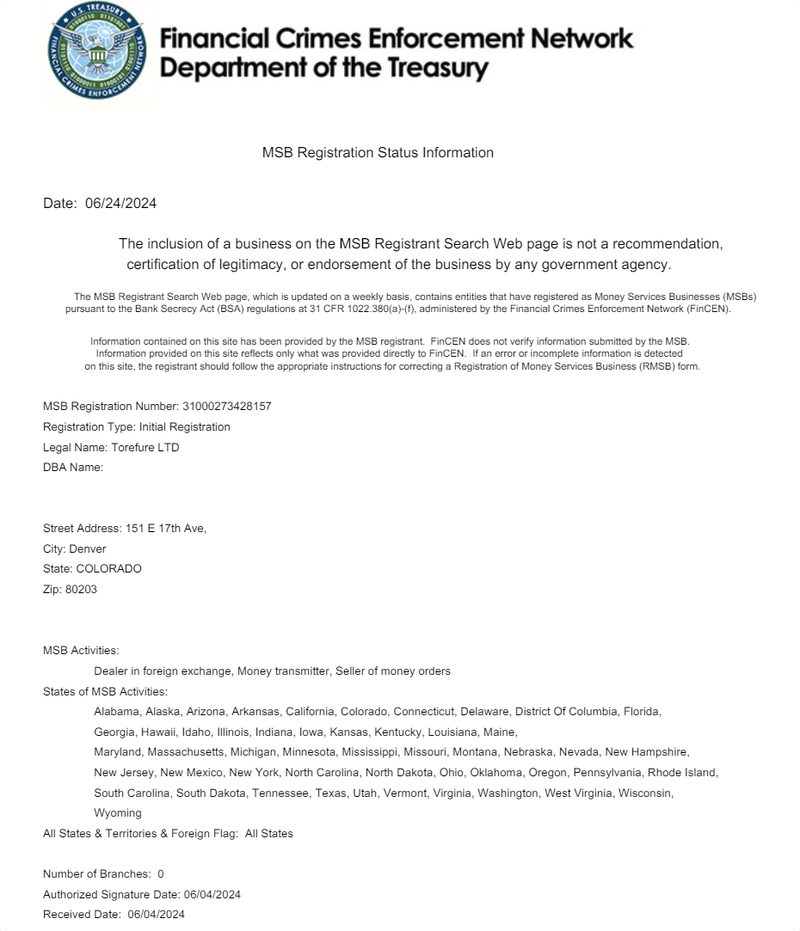 TOREFURE LTD regulation information2