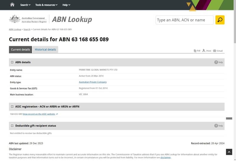 PRIMETIME GLOBAL MARKETS PTY LTD注册信息