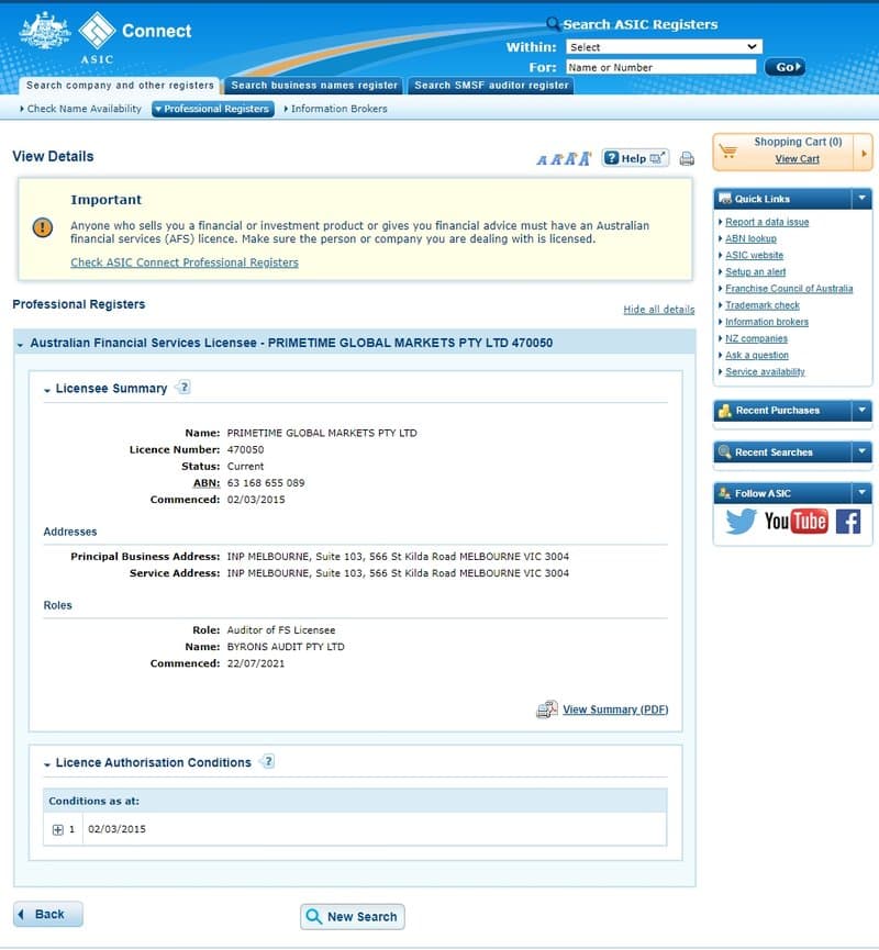 PRIMETIME GLOBAL MARKETS PTY LTD的监管信息