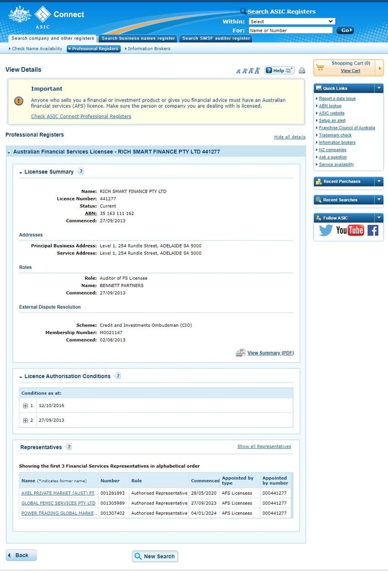 Rich Smart Finance ASIC regulation