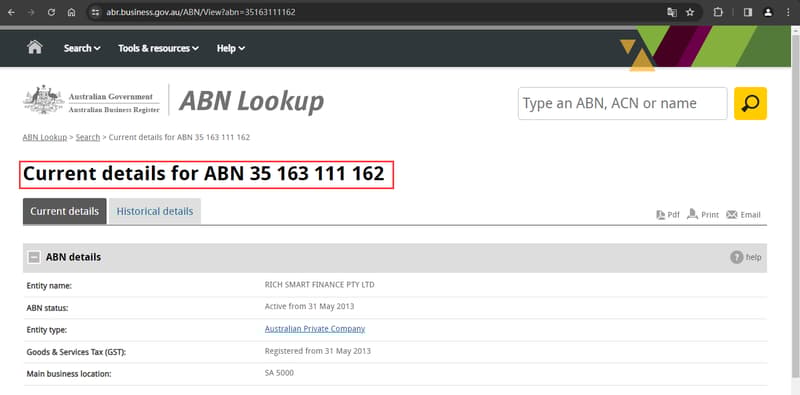 Australian business registration information for Rich Smart Finance