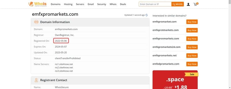 EmFxProMarkets的域名注册时间