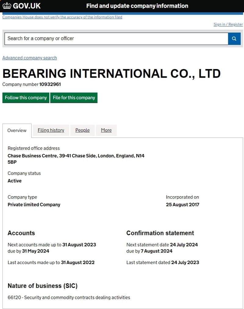Beraring Internatio<i></i>nal Co., Ltd的注册信息